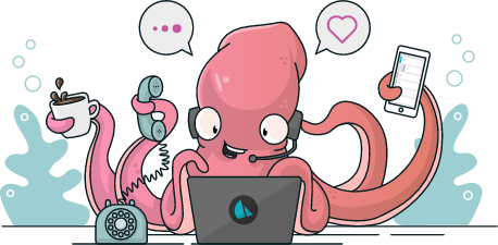 A smiling squid wearing a headset looking at a computer